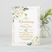 Invitation Fleurs blanches et cadre d'or Fille Christening (Debout devant)