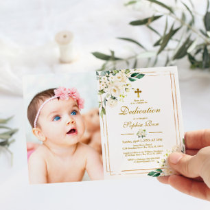 Invitation Fleurs blanches et cadre d'or Photo Girl Dedicatio