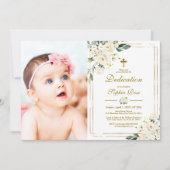 Invitation Fleurs blanches et cadre d'or Photo Girl Dedicatio (Devant)