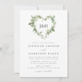 Invitation Fleurs blanches et cœur de verdure avec monogramme (Devant)