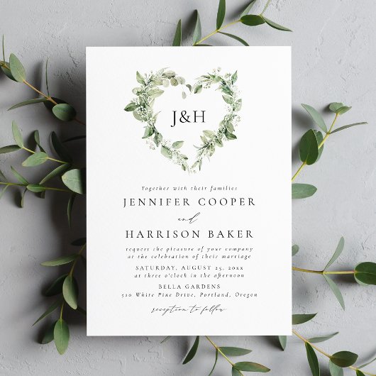 Invitation Fleurs blanches et cœur de verdure avec monogramme