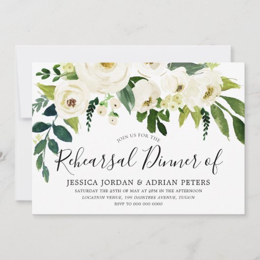 Invitation Fleurs blanches et crème Dîner de répétition éléga (Devant)