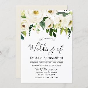 Invitation Fleurs blanches et crème Mariage élégant