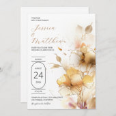 Invitation Fleurs blanches et dorées de mariage (Devant / Derrière)