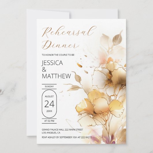 Invitation Fleurs blanches et dorées Répétition de mariage (Devant)