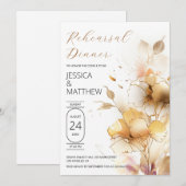Invitation Fleurs blanches et dorées Répétition de mariage (Devant / Derrière)