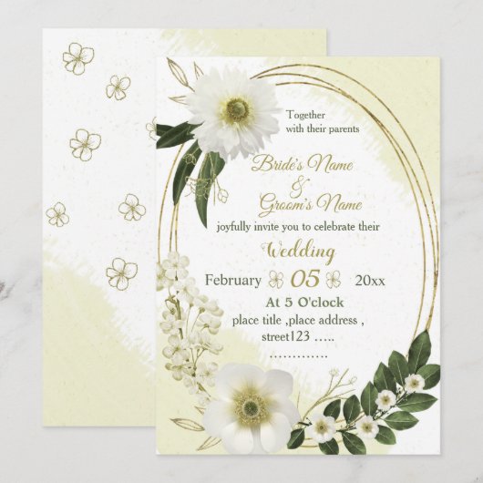 Invitation fleurs blanches et dorées verdure géométrique mari (Devant / Derrière)