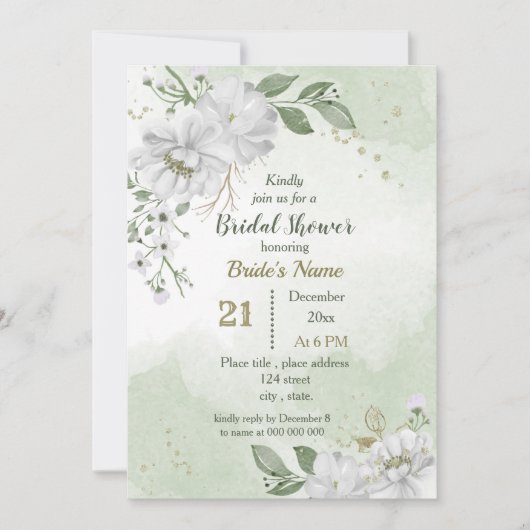 Invitation fleurs blanches et douche feuille verte (Devant)