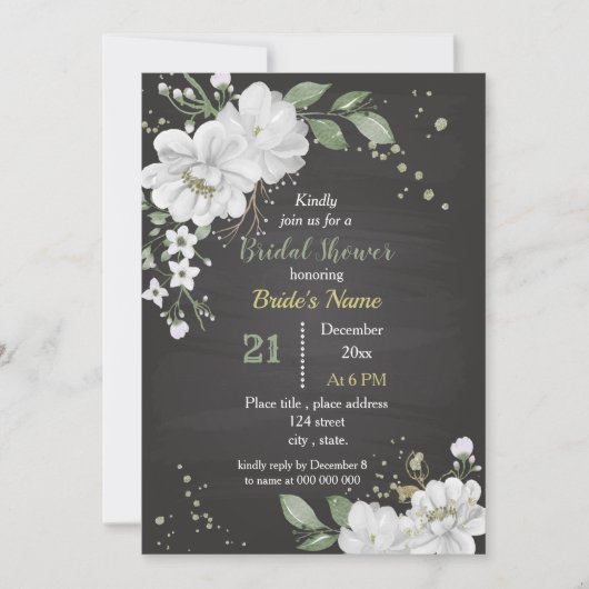 Invitation fleurs blanches et douche feuille verte (Devant)