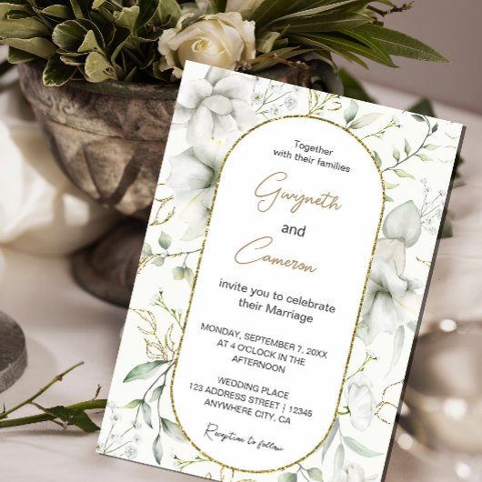 Invitation Fleurs blanches et Feuilles d'or