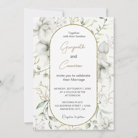 Invitation Fleurs blanches et Feuilles d'or (Devant)