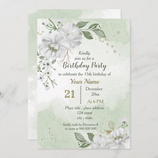 Invitation fleurs blanches et feuilles verts (Devant / Derrière)
