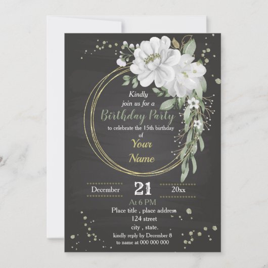 Invitation fleurs blanches et feuilles verts couronne anniver (Devant)