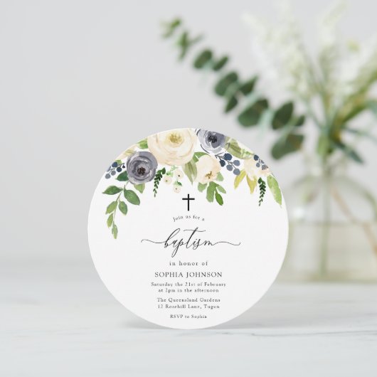 Invitation Fleurs blanches et marines Baptême photo bébé (Debout devant)