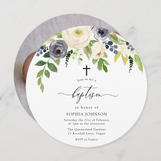 Invitation Fleurs blanches et marines Baptême photo bébé (Devant / Derrière)