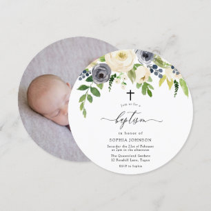 Invitation Fleurs blanches et marines Baptême photo bébé