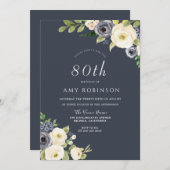 Invitation Fleurs blanches et marines Belle fête du 80e anniv (Devant / Derrière)