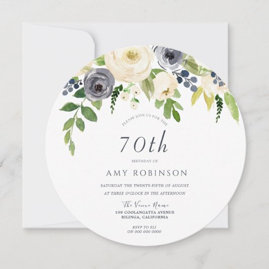 Invitation Fleurs blanches et marines Fleurs femmes 70e anniv (Devant)