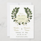 Invitation fleurs blanches et or verdure couronne enregistrer (Devant)