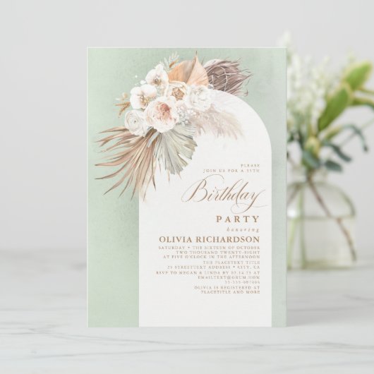 Invitation Fleurs blanches et Pampas Boho en herbe Anniversai (Debout devant)