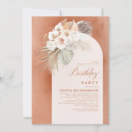 Invitation Fleurs blanches et Pampas Boho en herbe Anniversai (Devant)