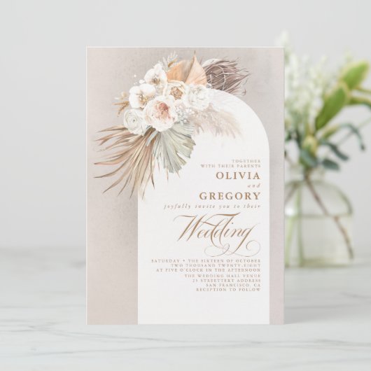 Invitation Fleurs blanches et Pampas Mariage élégant en herbe (Debout devant)