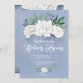 Invitation Fleurs blanches et verdure Baby shower bleu Dusty (Devant / Derrière)