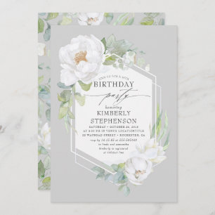 Invitation Fleurs blanches et verdure Élégant Anniversaire mo