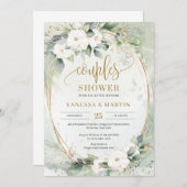 Invitation Fleurs blanches eucalyptus or oval couples douche (Devant / Derrière)