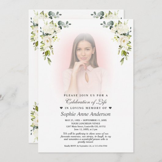 Invitation Fleurs blanches Faded Photo Célébration de la vie (Devant / Derrière)