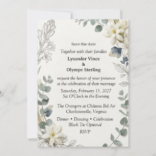 Invitation Fleurs Blanches, Feuillage d'Eucalyptus, Ligne Bot