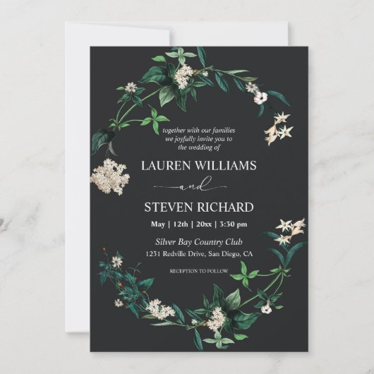 Invitation Fleurs blanches Feuilles en noir sur mesure Premiu (Devant)