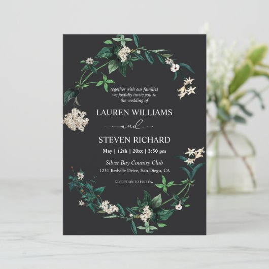 Invitation Fleurs blanches Feuilles en noir sur mesure Premiu (Debout devant)