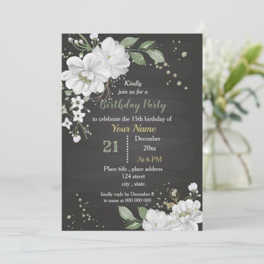 Invitation fleurs blanches & feuilles vertes anniversaire (Debout devant)