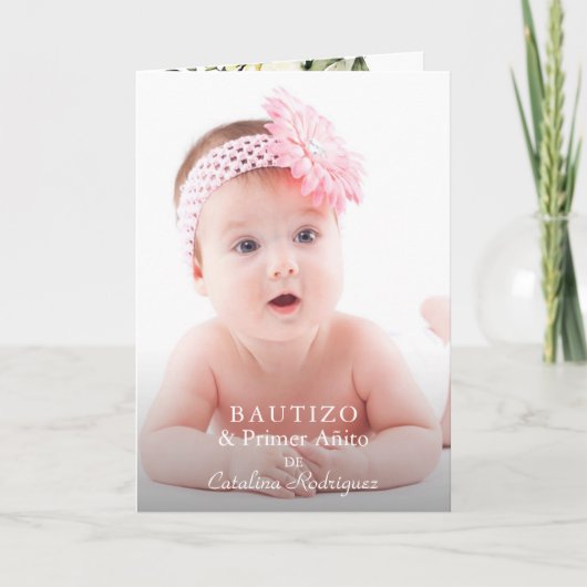 Invitation Fleurs blanches Fille Photo 1er Anniversaire Baptê (Devant)