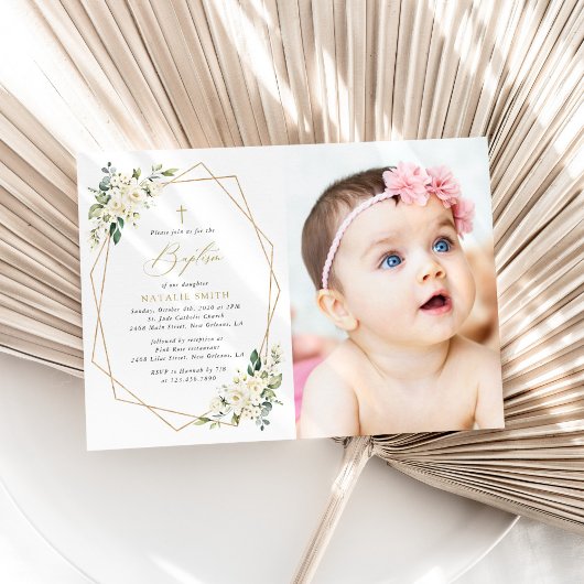 Invitation Fleurs blanches, Fleurs crème, Bohème, Baptême flo