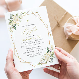 Invitation Fleurs blanches, Fleurs crème, Bohème, Baptême flo