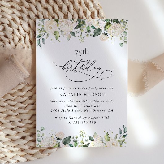Invitation Fleurs blanches, Fleurs crème, Boho, Anniversaire