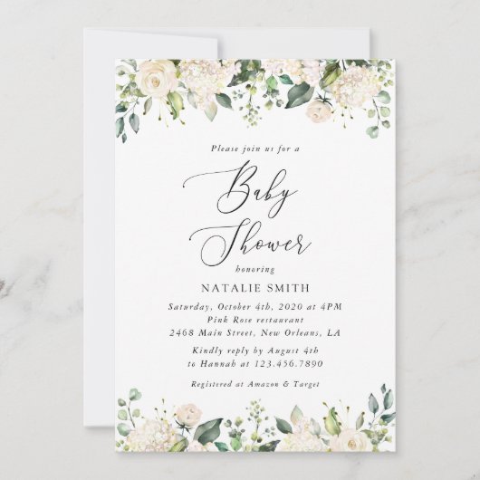 Invitation Fleurs blanches, Fleurs de crème, Boho, Baby showe (Devant)