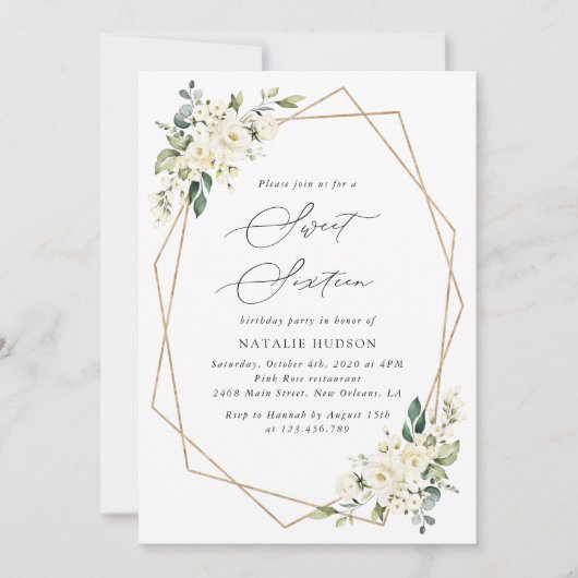 Invitation Fleurs blanches, Fleurs de crème, Boho, Sweet 16 (Devant)