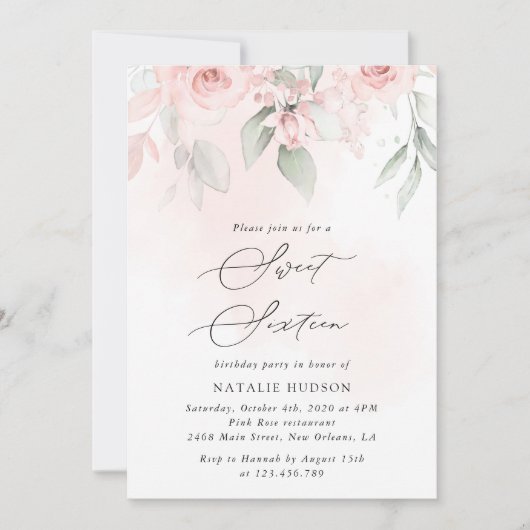 Invitation Fleurs blanches, Fleurs roses, Boho, Sweet 16 (Devant)