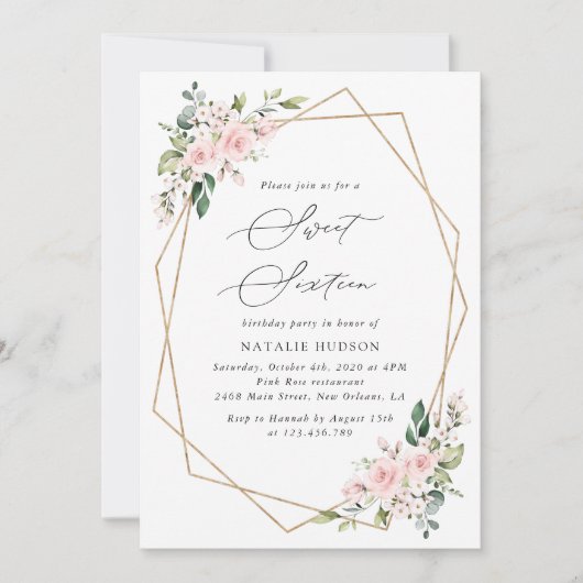 Invitation Fleurs blanches, Fleurs roses, Boho, Sweet 16 (Devant)