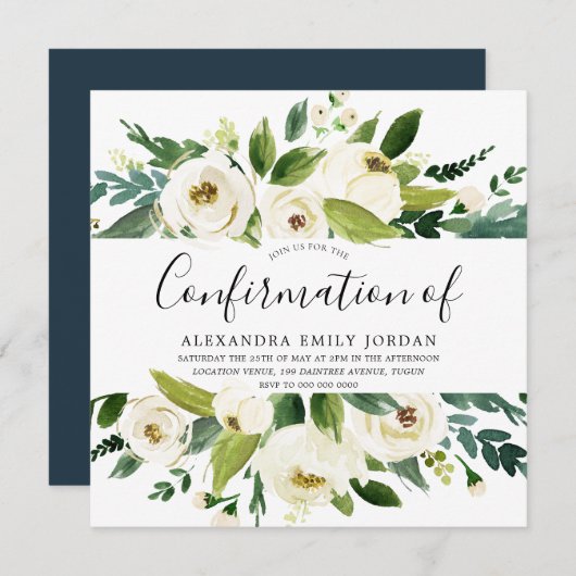 Invitation Fleurs blanches florissantes Confirmation de la fe (Devant / Derrière)