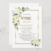 Invitation Fleurs blanches Gold Girl Premier anniversaire & B (Devant / Derrière)