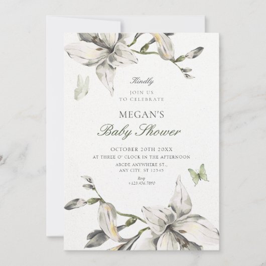 Invitation Fleurs blanches grises esthétiques floraison baby (Devant)