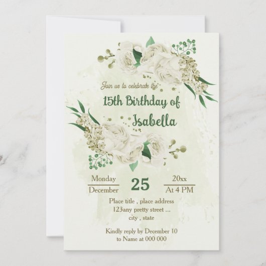 Invitation Fleurs blanches ivoire fête verte (Devant)