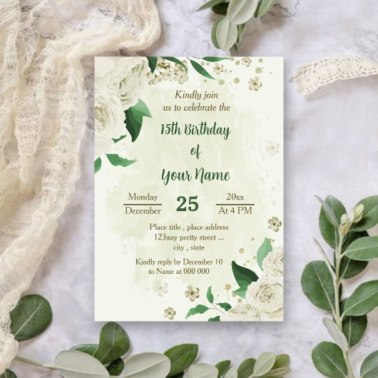 Invitation Fleurs blanches ivoire fête verte