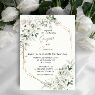 Invitation Fleurs blanches luxuriantes et or géométrique