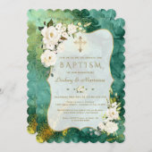 Invitation Fleurs blanches Malachite Gold Twins Baptême (Devant / Derrière)