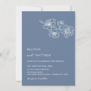 Invitation Fleurs blanches mariage casual bleu poussiéreux